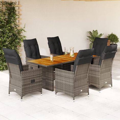 Ensemble Jardin 6+1 Gris  Table Acacia 190cm & Chaises inclinables Polyrotin résine  Coussins amovibles lavables (1/5)