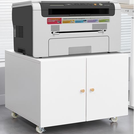 Armario para impresora con ruedas, 67x67x16.5 cm, balda ajustable, puerta magnética, metal blanco (1/5)