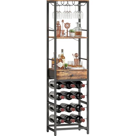 Weinbar-Schrank mit Schublade, Industrieller Barschrank, Weinregal für 12 Flaschen, Glashalter, Rustikal Braun