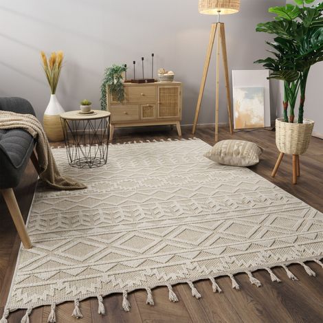 Paco Home Teppich Wohnzimmer Kurzflor Skandi Boho Muster Geometrisch Einfarbig 160x220 cm, Creme 2