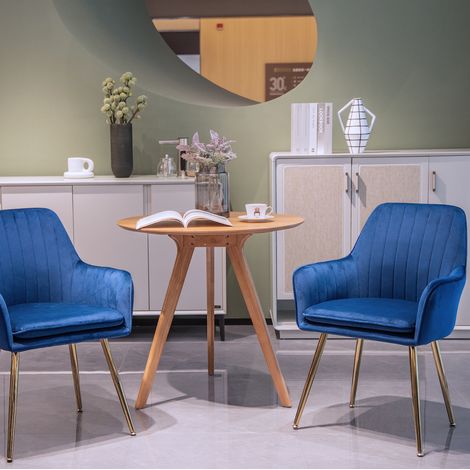 Chaises de salle à manger lot de 2 avec accoudoirs, en tissu bleu, pieds en métal doré DESVIAE (1/5)