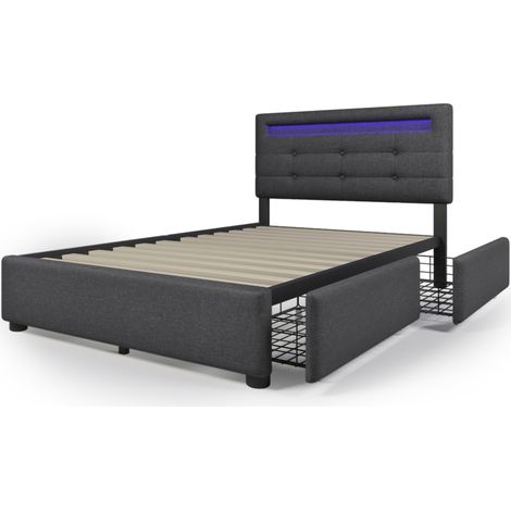 Lit rembourré gris 90x200 cm avec LED, 2 tiroirs, tête de lit réglable et matelas (1/5)