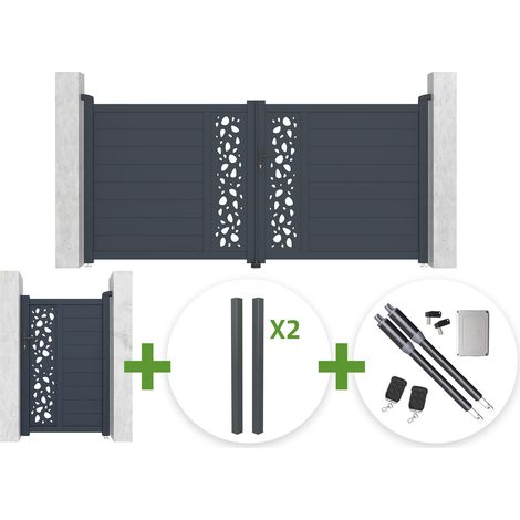 Puerta batiente SUNNY de 3 m, 140 cm de alto, gris + puerta peatonal SUNNY de 1 m, 140 cm de alto + 4 postes + motor Ranger B150