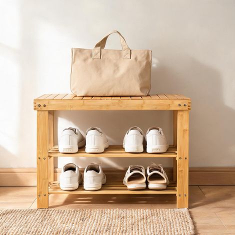 Console Banc à chaussures avec étagères en bambou 70 x 28 x 45 cm (1/5)
