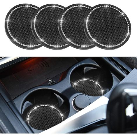 Lot de 4 dessous de verre, silicone antidérapant, strass brillants, noir, pour porte-gobelet voiture (1/5)