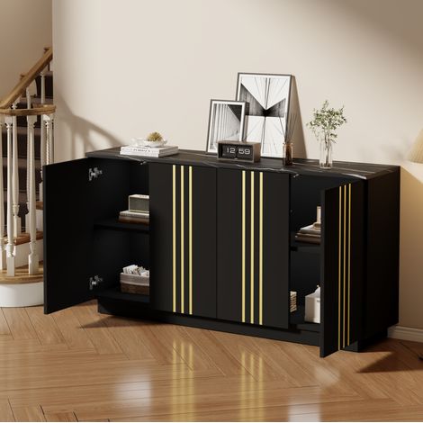 Sideboard 35x140x70 cm schwarz aus Spanplatte mit 4 Türen, vergoldeten Linien und verstellbaren Trennwänden (1/5)