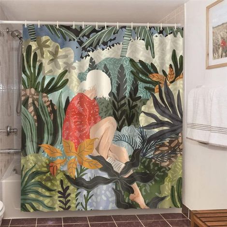 Rideau de douche à motif feuillage vert et imprimé artistique blanc, écran de baignoire en polyester imperméable, dimensions 150 × 180 cm (1/5)