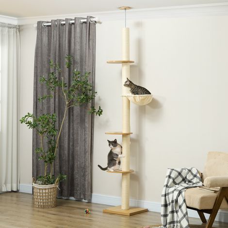 Árbol rascador para gatos de altura completa, dispositivo antivuelco, postes de cuerda de sisal, madera de ingeniería, roble + blanco crema. (1/5)