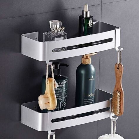 32x12x6cm Support de douche sans perçage Étagère de salle de bain Étagère en aluminium antirouille 2 couches Argent (1/4)