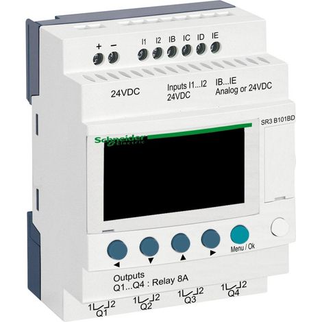 Schneider SR3B101BD Zelio Logic PLC - Smart relay with 10 expandable I/O points - 24 VDC - Clock + display