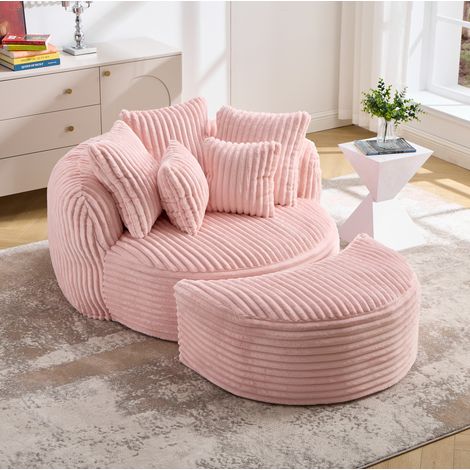 Fauteuil de lecture rond avec repose-pieds, accoudoirs et 5 coussins, 168x123x63 cm, chenille rose (1/5)