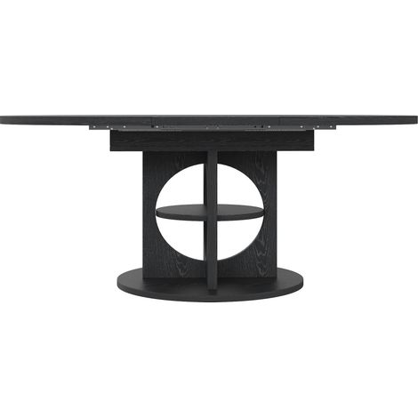 Table à manger extensible avec rangement intégré, MDF et métal, 110-150 cm, finition bois noir, forme ronde à ovale (1/5)