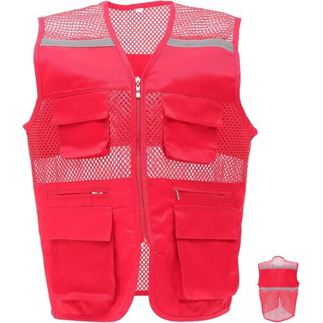 Gilet de Sécurité à Poches, Gilet de Sécurité de Chantier en Nylon Maille Filet, Rouge, Léger, Respirant, Haute Visibilité, pour Adultes, Volontaires et Agents de Parking (1/5)