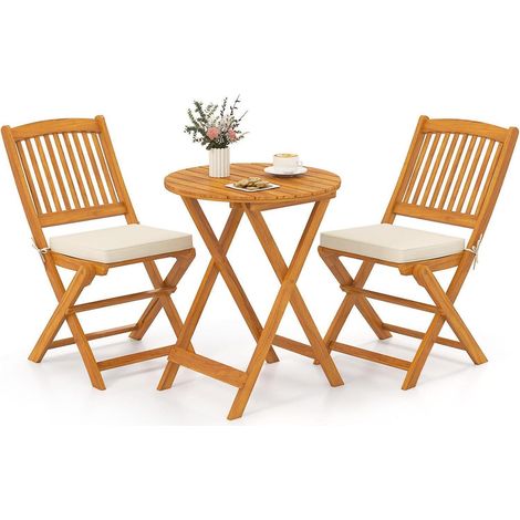 3tlg. Gartenmöbel Set Akazienholz klappbar Rundtisch 2 Stühle Kissen Beige (1/5)