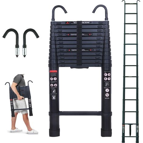 Telescoping Ladder with 2 Detachable Roof Hooks, 16 FT Aluminum Extension Ladder Step Ladders Loft Ladder Attic Ladder Collapsible Ladders for Home, Multi-Purpose Telescopic Ladder (1/5)