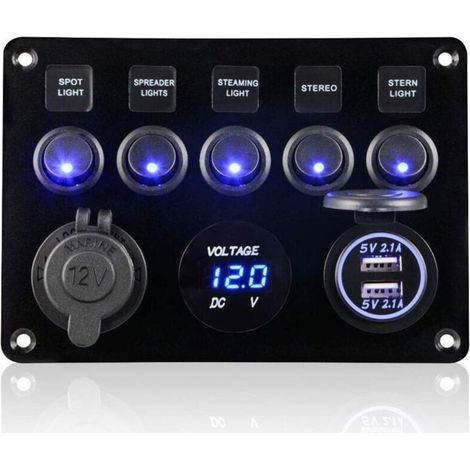 5 Gang Panneau de Interrupteur à Bascule 12V/24V Étanche IP65 Panneau de Commutateur avec Chargeur Double USB Voltmètre Numérique pour Voiture Bateau Camion RV Marine Camping-car (1/4)