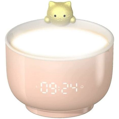 Despertador infantil con luz LED y función de siesta, recargable USB, diseño de gato (Rosa) (1/5)