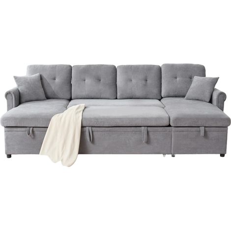Sofá esquinero en U con cama y arcón, chenilla gris, 266 x 130 x 85 cm, HOMVRA (1/5)