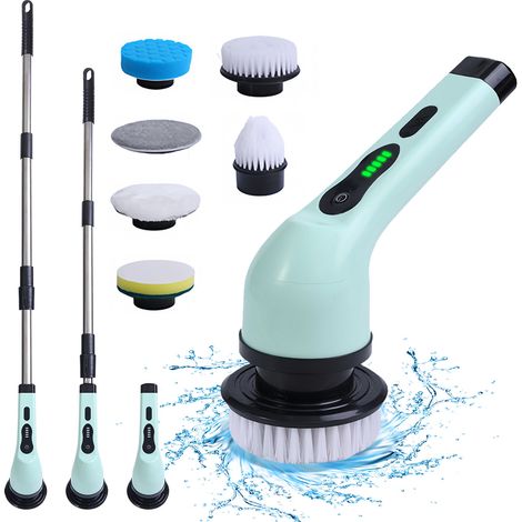 Limpiador eléctrico inalámbrico giratorio con 6 boquillas de repuesto, resistente al agua IPX6, dos velocidades y brazo extensor para bañeras y suelos de baldosas. (1/5)