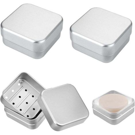 Ensemble de 3 porte-savons carrés en aluminium, porte-savons de voyage avec égouttoir et couvercle amovibles / savon argenté / porte-savon portable à double couche, adapté à la maison et aux voyages. (1/4)