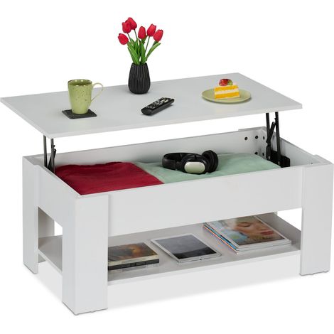 Relaxdays Tavolino da Salotto Contenitore, HxLxP: 42 x 98 x 50 cm, Tavolo da Caffè Basso con Piano Sollevabile, Bianco