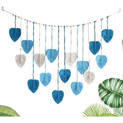 Decoration Murale Boheme, 120 75 cm Tapisserie Murale, Macrame Mural Fait Main Feuille, Grande Tapisserie Tissée avec Perles en Bois et Feuilles, pour Salon, Chambre, Chambre D'enfant (Bleu) (1/5)