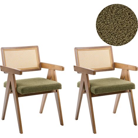 Conjunto de 2 sillas de comedor retro estructura de madera de caucho asiento de bouclé comedor cocina marrón y verde Ava (1/5)