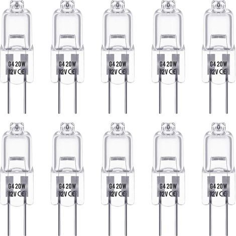Bombillas halógenas G4, 12 V 20 W, base de clavija, luz blanca cálida 3000 K, 350 lúmenes, regulables, bajo voltaje, cápsula transparente, paquete de 10 (1/5)