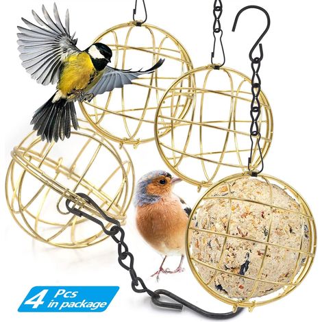Mangeoire à oiseaux suspendue Buc en métal doré, diamètre 7 cm, avec crochet en S, pour jardin ou cour. (1/5)