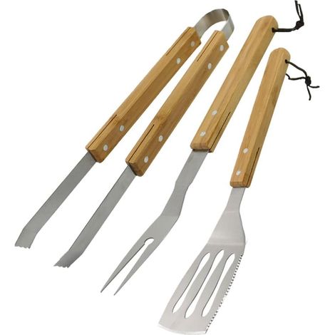 Set 3 Ustensiles Barbecue - Inox Et Bambou - Spatule Fourchette Pince - 39 Cm