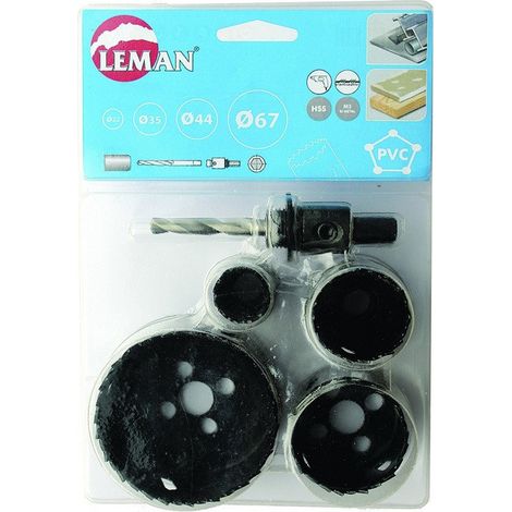 Set da 4 corone HSS bimetalliche Ø 22/35/44/68 mm + Mandrino, Punte, Adattatore - LEMAN - 3004