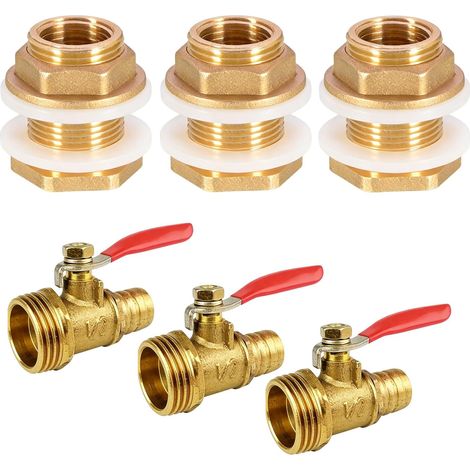 Lot de 3 raccords de réservoir en laiton avec 3 valves d'arrêt, passage de citerne d'eau de pluie, filetage extérieur 3/4" x filetage intérieur 1/2", raccord de baril, raccord cloison pour tonneau de (1/5)