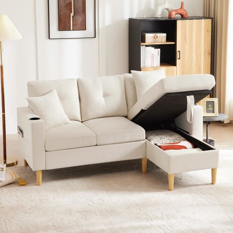 Canapé d'angle moderne 3 places avec méridienne, espace de rangement, porte-gobelet intégré, livré avec 2 coussins, idéal pour salon, bureau, appartement, etc. Vidéo disponible. (1/5)