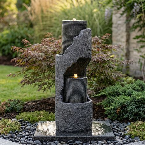 Fontaine de jardin gris avec éclairage LED et pompe à eau, revêtement pierre artificielle, décoration aquatique pour terrasse balcon intérieur extérieur (1/5)
