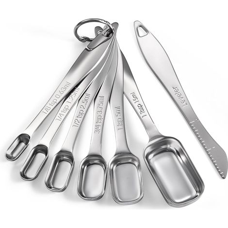 Ensemble de cuillères à mesurer en métal, cuillères à café carrées étroites à long manche en acier inoxydable 18/8, adaptées aux pots à épices avec niveleur (Ensemble de 7)