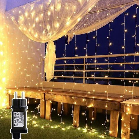 Rideau lumineux 300 LED, 3 m x 3 m, 8 modes d'éclairage, blanc chaud, décoration intérieure/extérieure pour mariage, jardin et Noël
