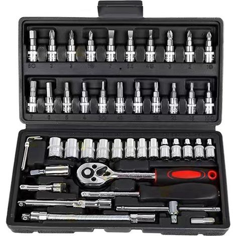 46 Pièces Kit Outils Réparation Auto, Cliquet Douille Tournevis Ensemble Maintenance Mécanique Noir (1/5)