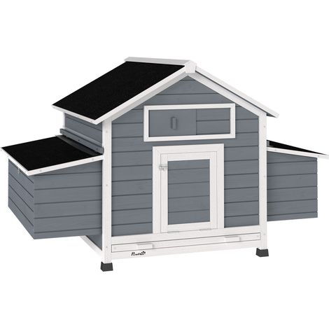 PawHut gallinero de madera para exterior, caseta para 2-4 gallinas con 2 nidos, bandeja extraíble, perchas, techo impermeable, 150x100x96,5 cm, gris