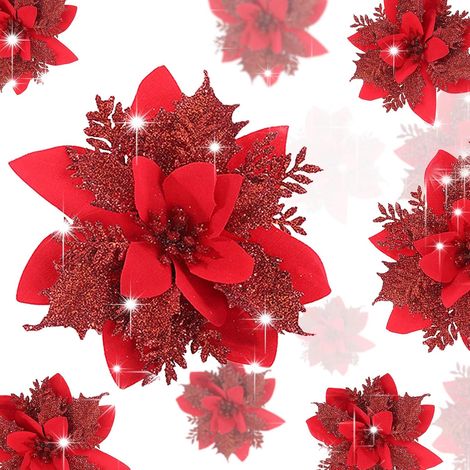 (Rouge) 12 fleurs de poinsettia artificielles, fleurs de noël à paillettes, adaptées à la décoration de noël de fête de mariage (1/5)