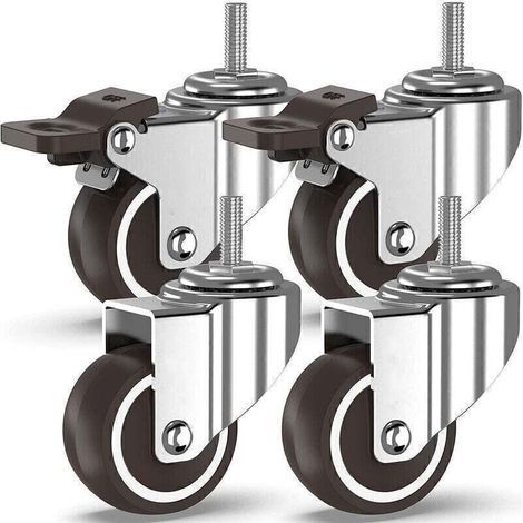 Roulettes pivotantes ELLE-4 à tiges filetées, roulettes pour meubles, roues à freins pour transport industriel de planches (50 mm avec tiges M10, 2 avec freins, 2 sans freins)