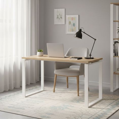 Dmora - Schreibtisch Muriel, Mehrzweckschreibtisch, Bürotisch für PC, Eckschreibtisch, 120x60 h76 cm, Eiche und Weiß (1/5)