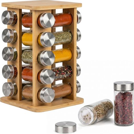Relaxdays Spice Carousel, 20 jars, 360° rotating spice rack, H x W x D: 32 x 17 x 17 cm, bamboo, natural (1/5)