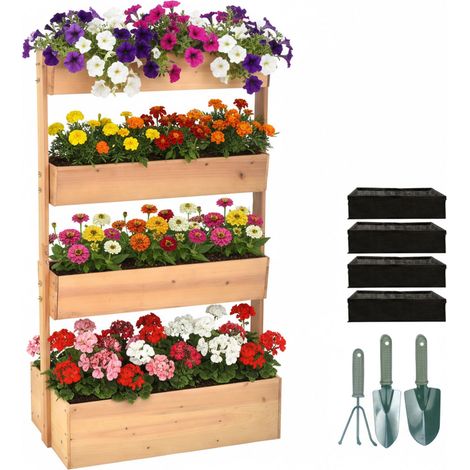 Jardinière à étages Bois Sapin 140x85x48 cm, 4 bacs, Balcon/terrasse, Non-tissé et Accessoires, Naturel (1/5)