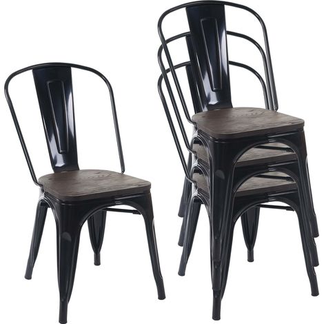 4x chaise de bistro HHG-775, avec siège en bois, chaise empilable, métal, design industriel, noir (1/5)