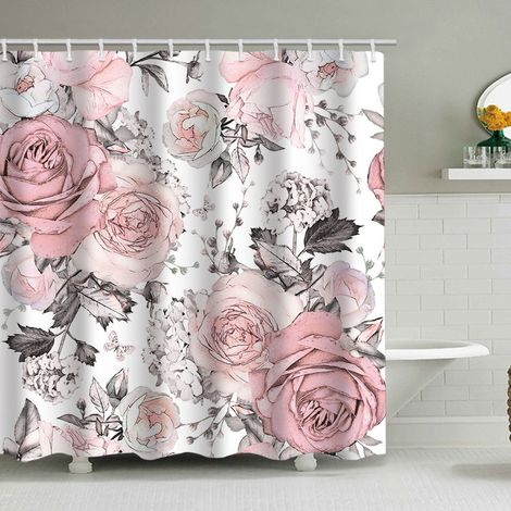 Duschvorhang (180 x 200 cm) mit Blumen- und Blattmuster, Aquarell-Blumenmuster in Pastellfarben, wasserdichtes Polyestergewebe für Badezimmer, inklusive 12 Haken
