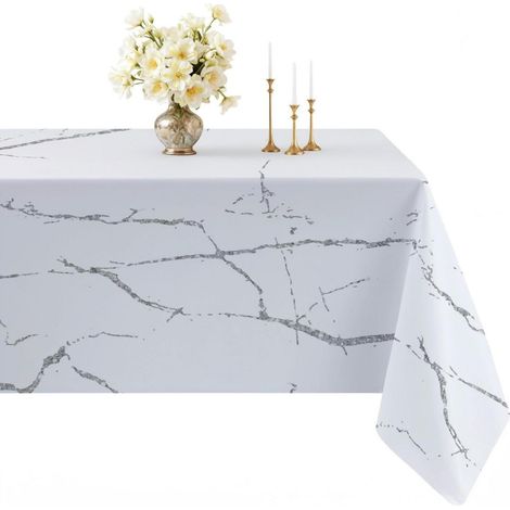 Tischdecke 100x140 cm Rechteckig Abwaschbar Marmor Optik Leinenoptik Weiß