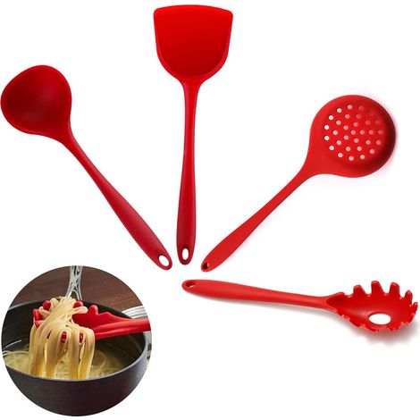 Utensilios De Cocina De Silicona - Resistente Al Calor Hasta 210 °C - Antiarañazos - No Adherente - Para Sopa Espátula Cucharón Colador - 4 Unidades (1/5)