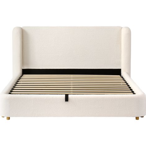 GagaLit rembourré, lit double, lit coffre hydraulique avec sommier, tête de lit et grand espace de rangement, bouclé beige, 180 x 200 cm (1/5)