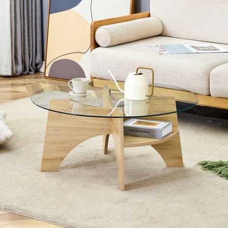 Table basse ronde verre – Ø80cm – Piètement éventail – MDF aspect bois – Salon – Moderne (1/5)