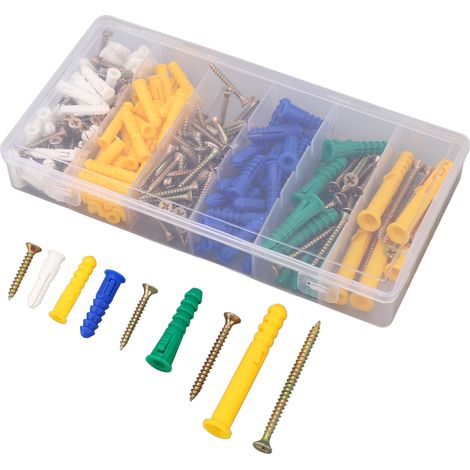 Kit 232 vis à bois autoforeuses tête fraisée cruciforme, acier carbone, 5 types de fixations avec chevilles plastique pour murs (1/5)